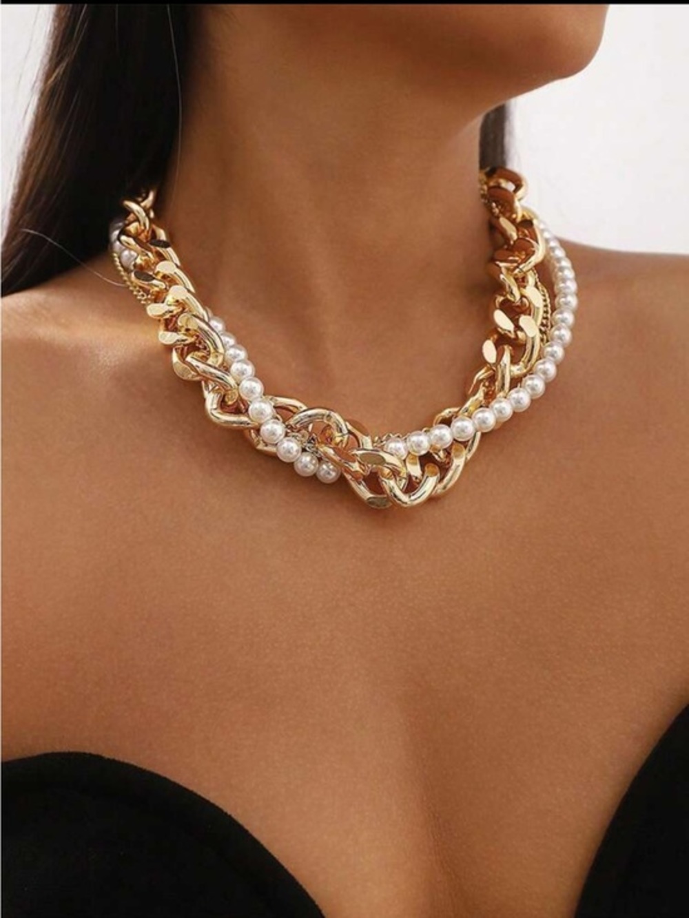 Gold Chain and Pearl Statement Necklace - Women Jewelry